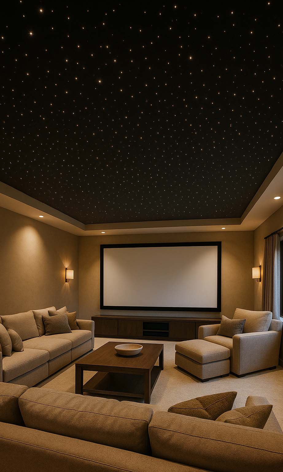 Home theater room featuring a custom fiber optic star ceiling over plush beige couches