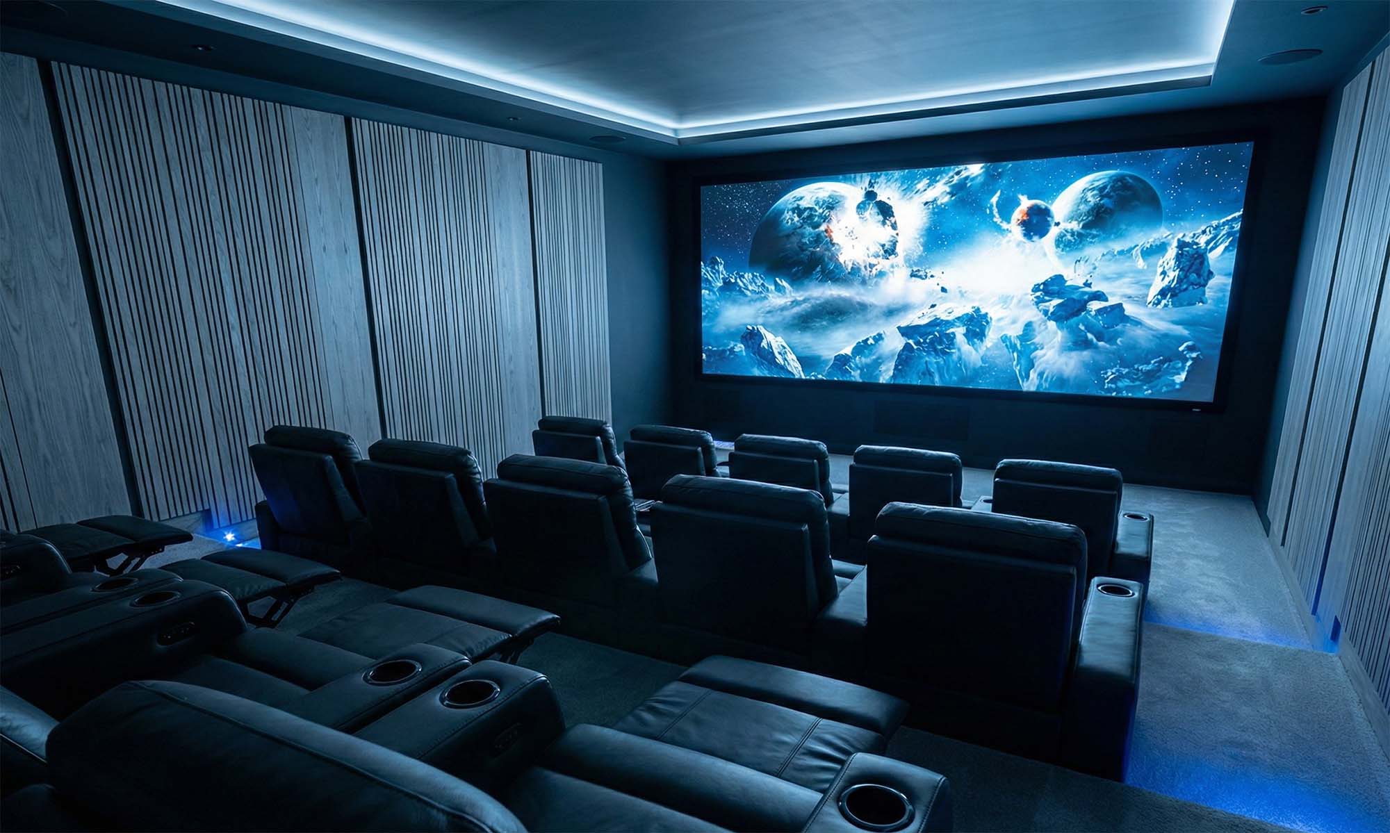 Modern home theater with rows of black seats facing a large projection screen displaying space