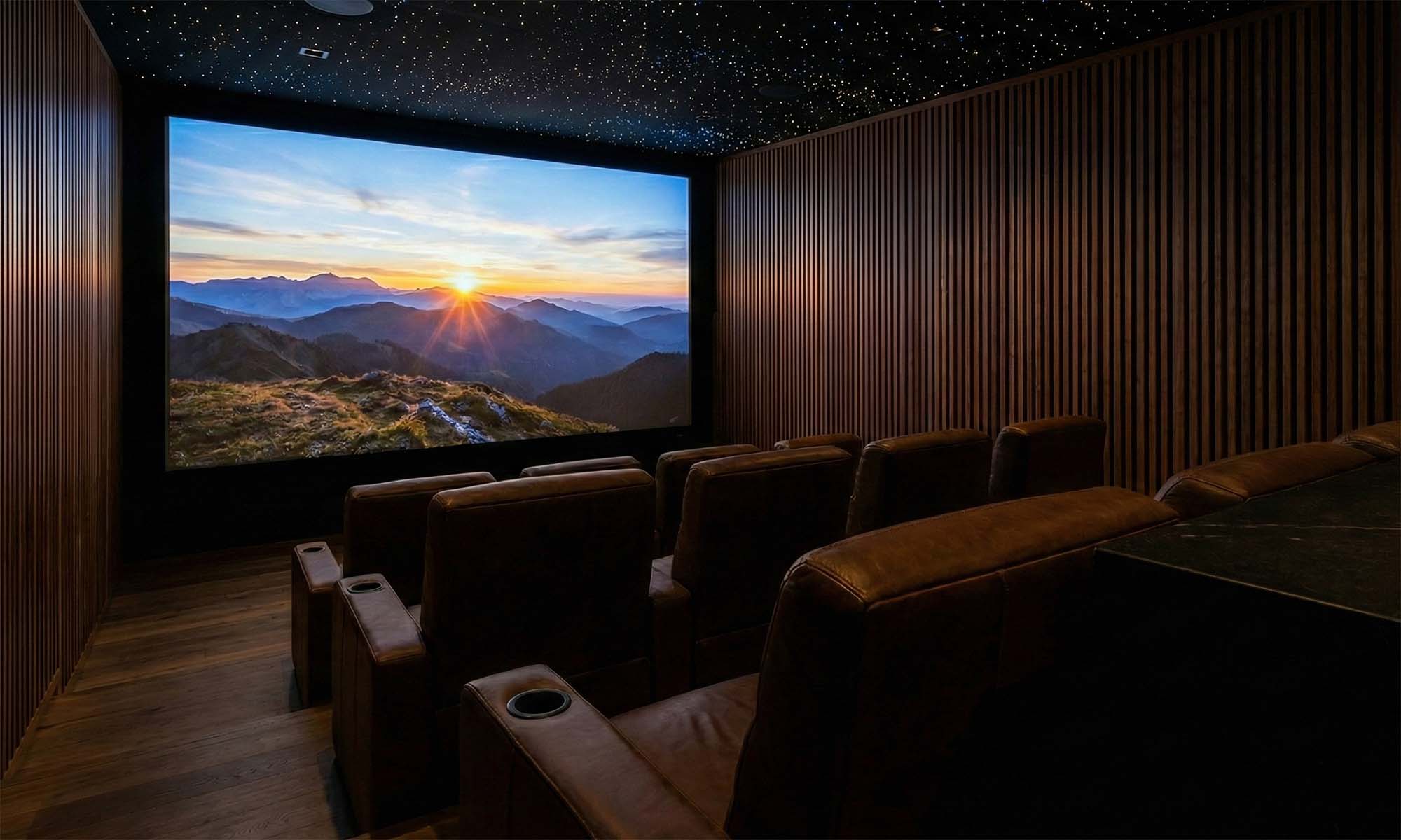 Home theater room featuring brown leather seating and a fiber optic starry ceiling