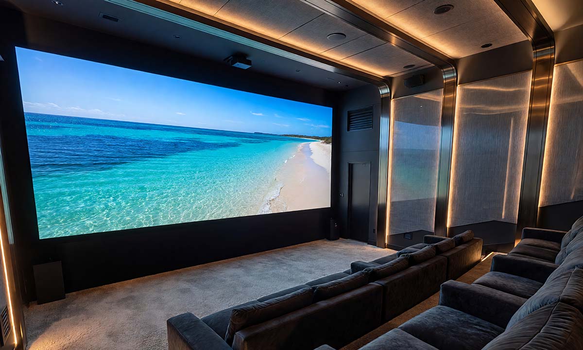 Ultra-wide projection screen showing a tropical beach inside a modern home theater room