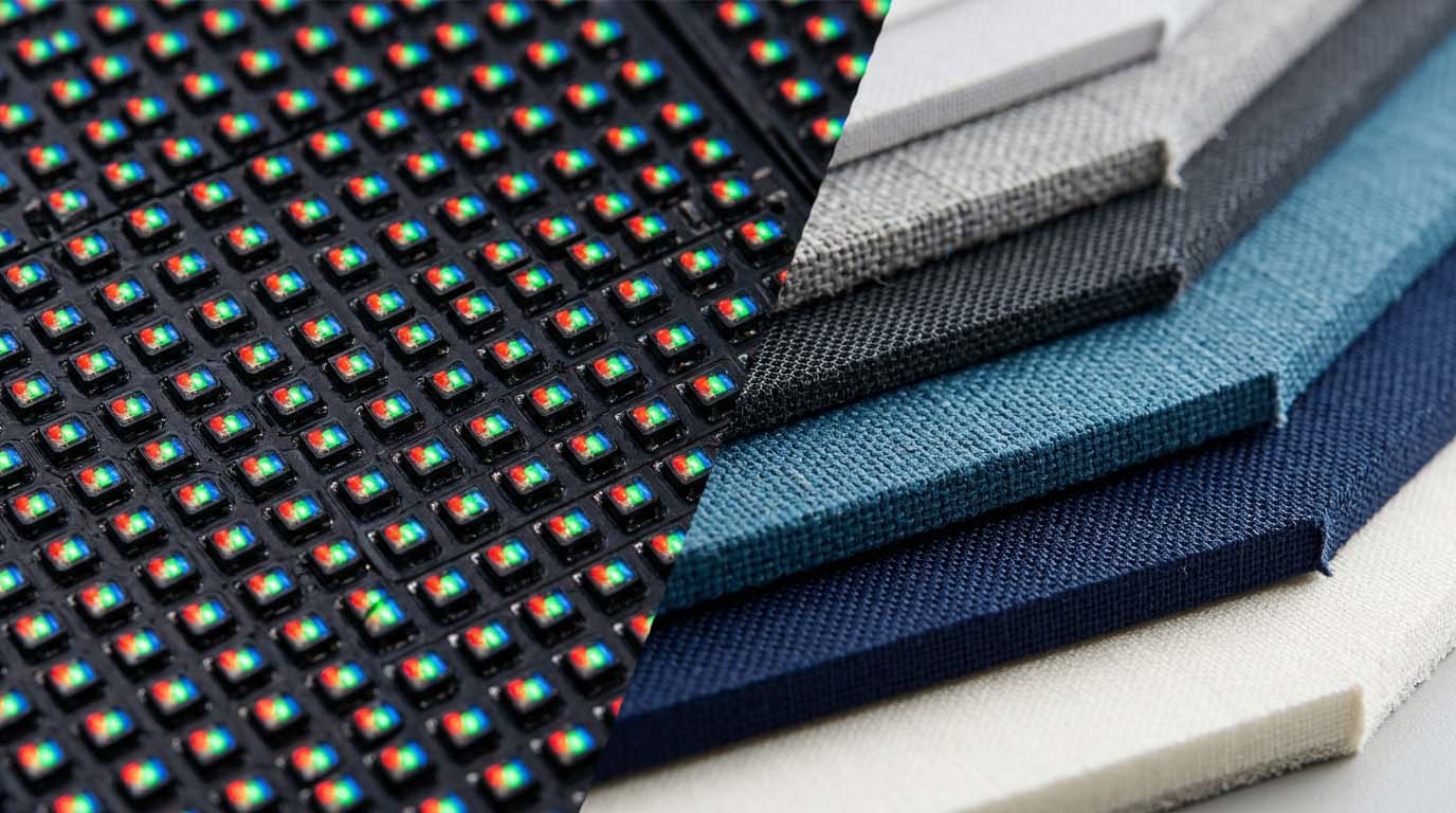 Split view comparing an LED pixel grid on the left to stacked fabric screen samples on the right