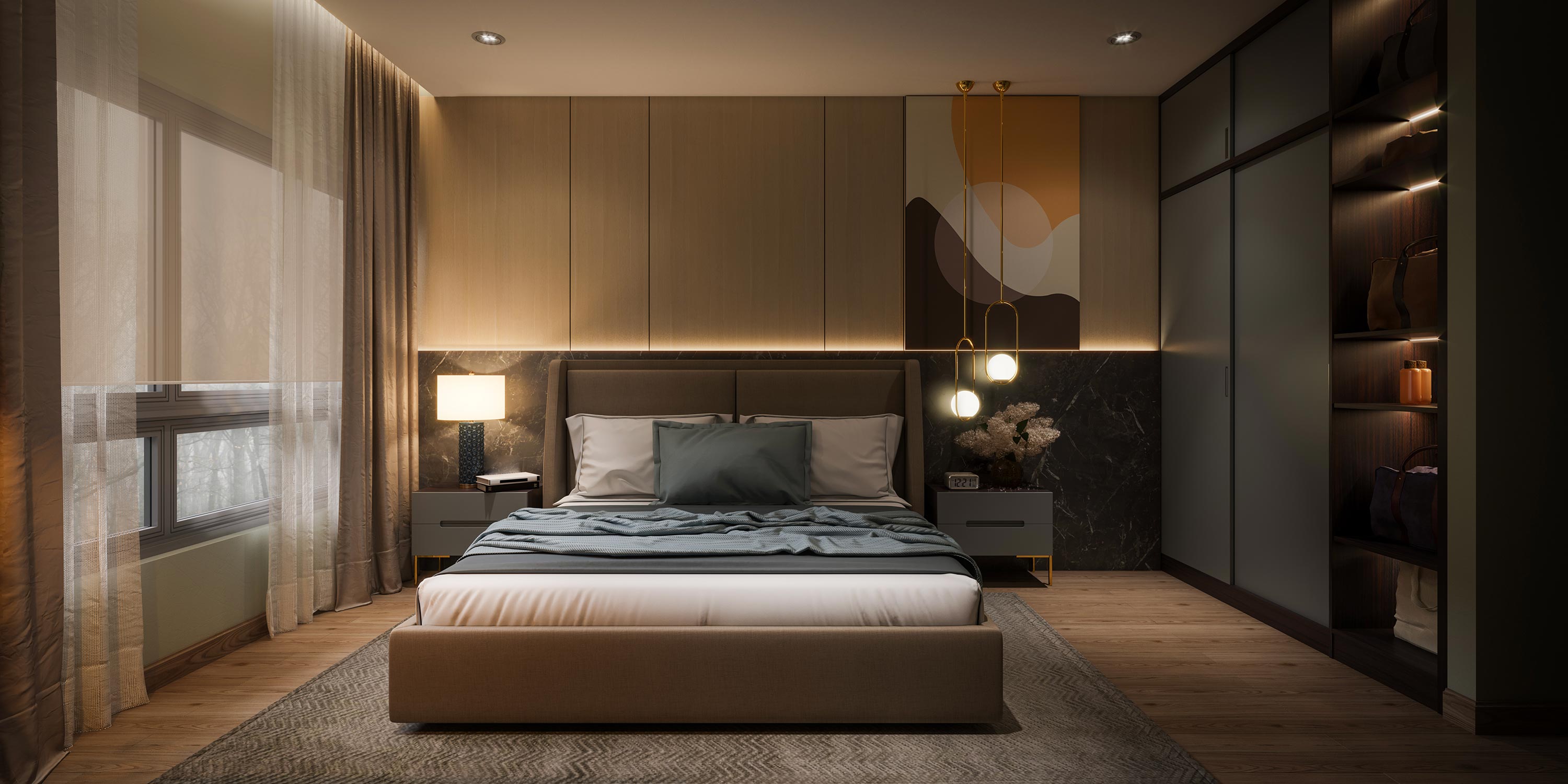 Contemporary bedroom with a made bed, hanging lights, and dark wardrobes