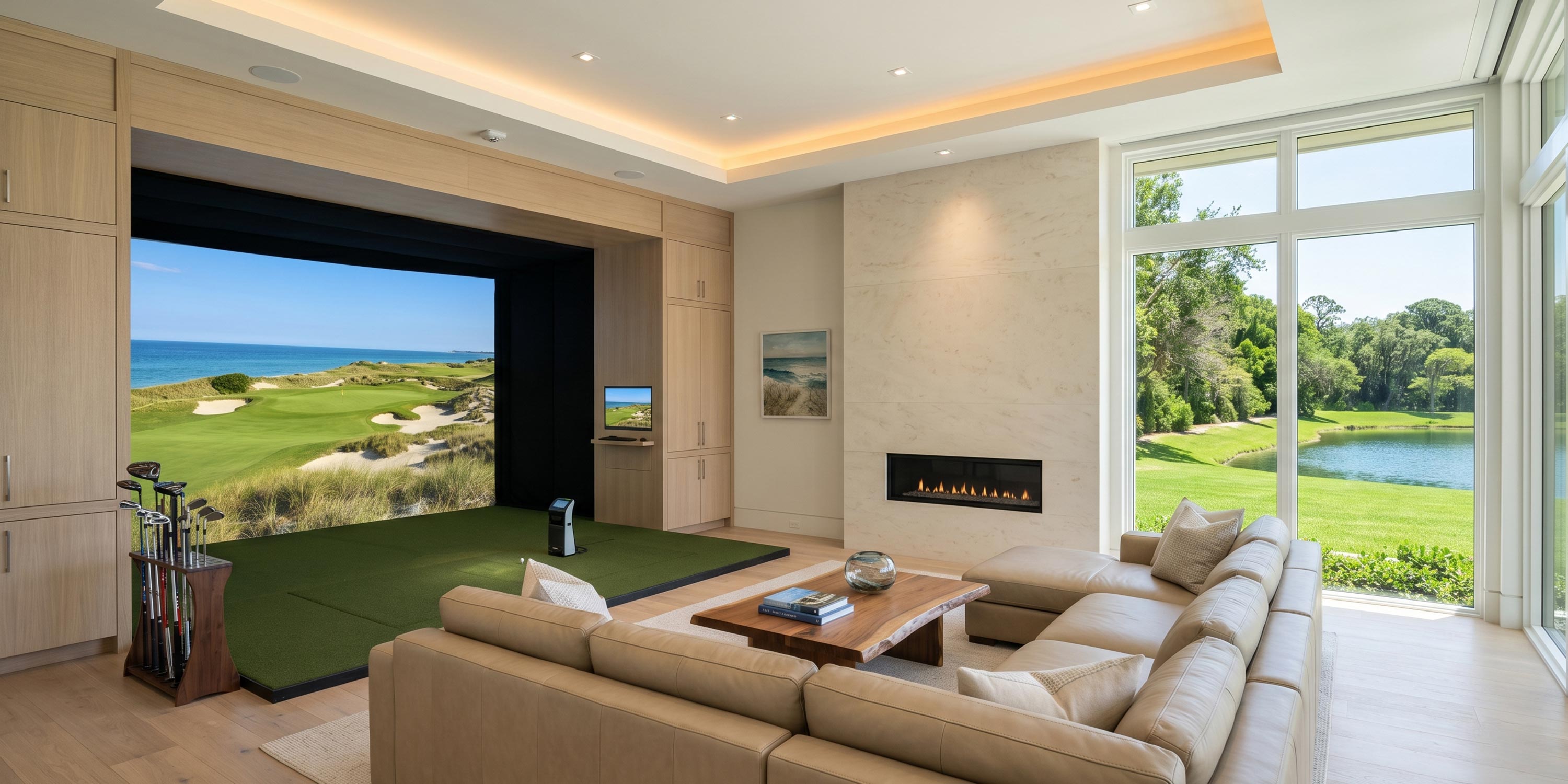 Spacious living room featuring an indoor golf simulator screen next to a sofa