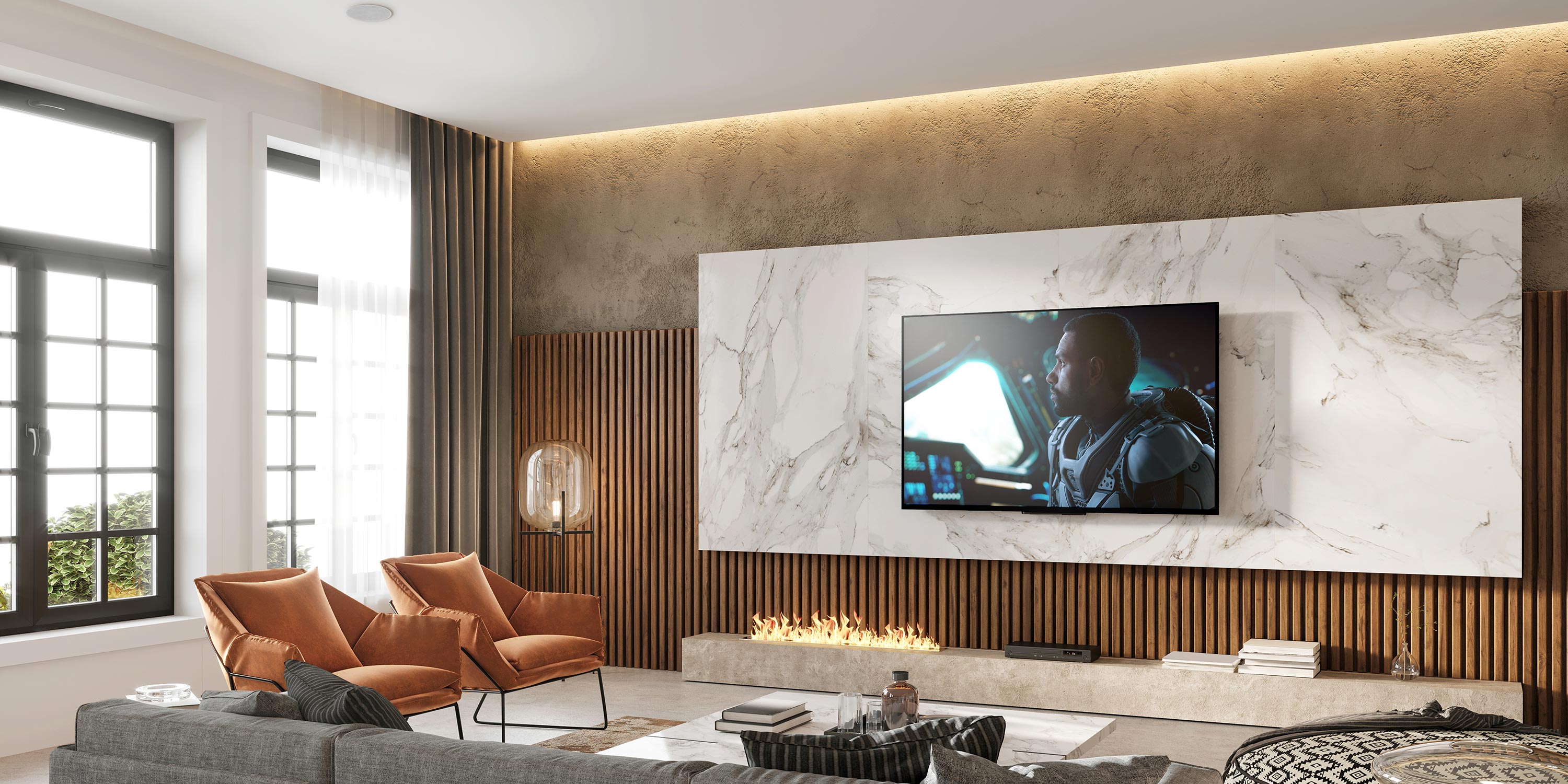 Modern media room with a television mounted on a marble wall above a fire feature