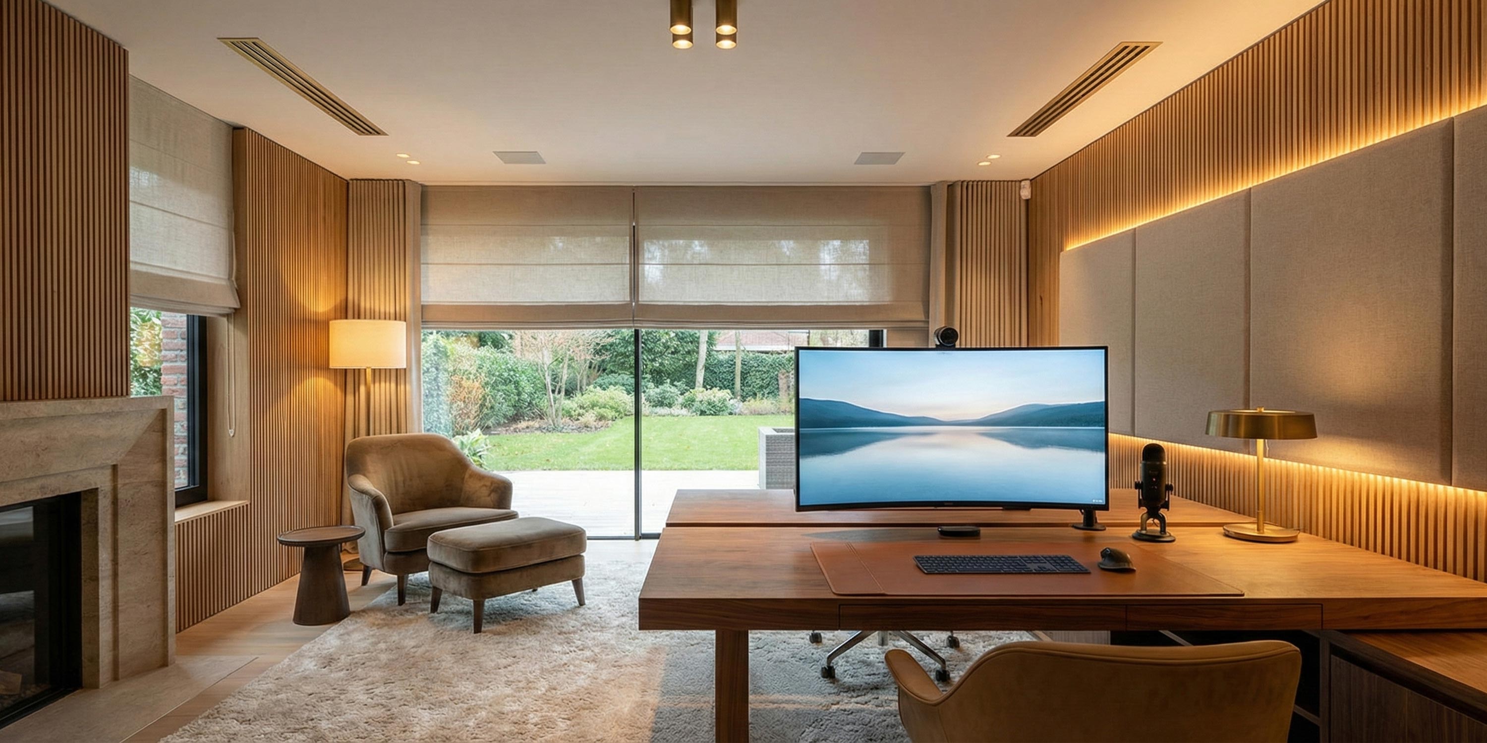Home office with a wooden desk, large curved monitor, and an armchair by a window