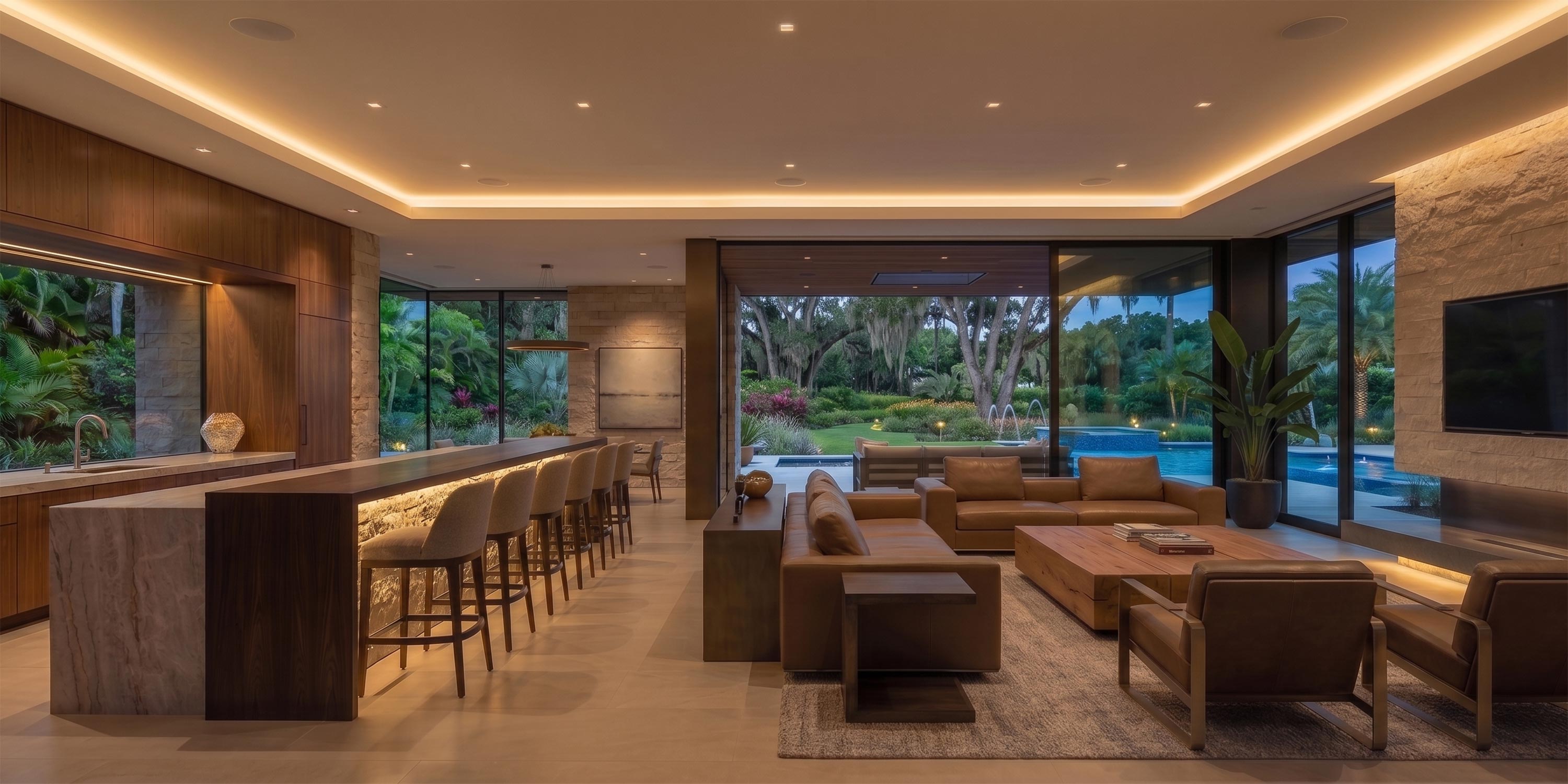 Open plan living area with a kitchen island, leather seating, and doors to a pool