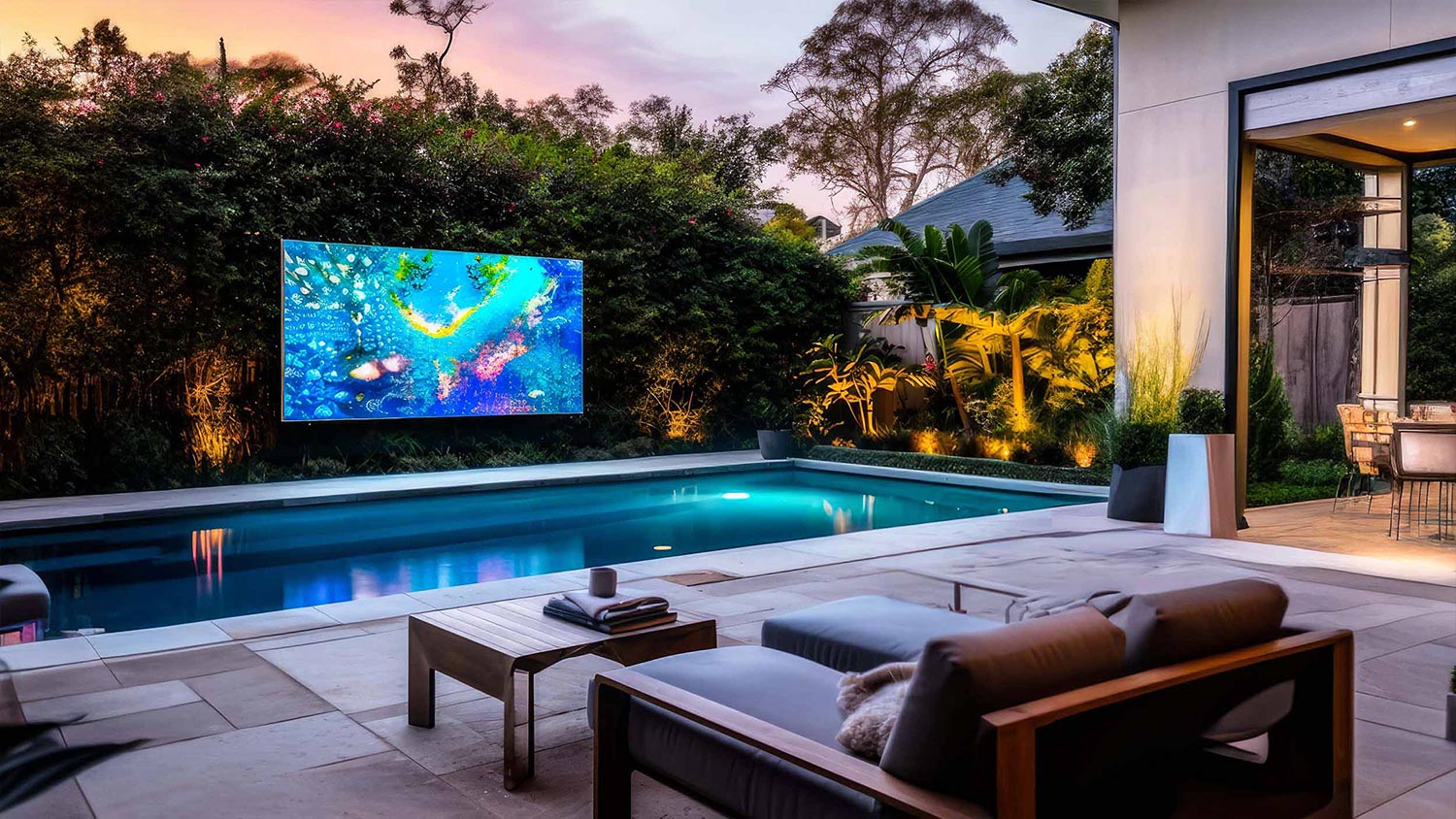 Lounge chairs on a patio next to a swimming pool with a large display screen on the fence