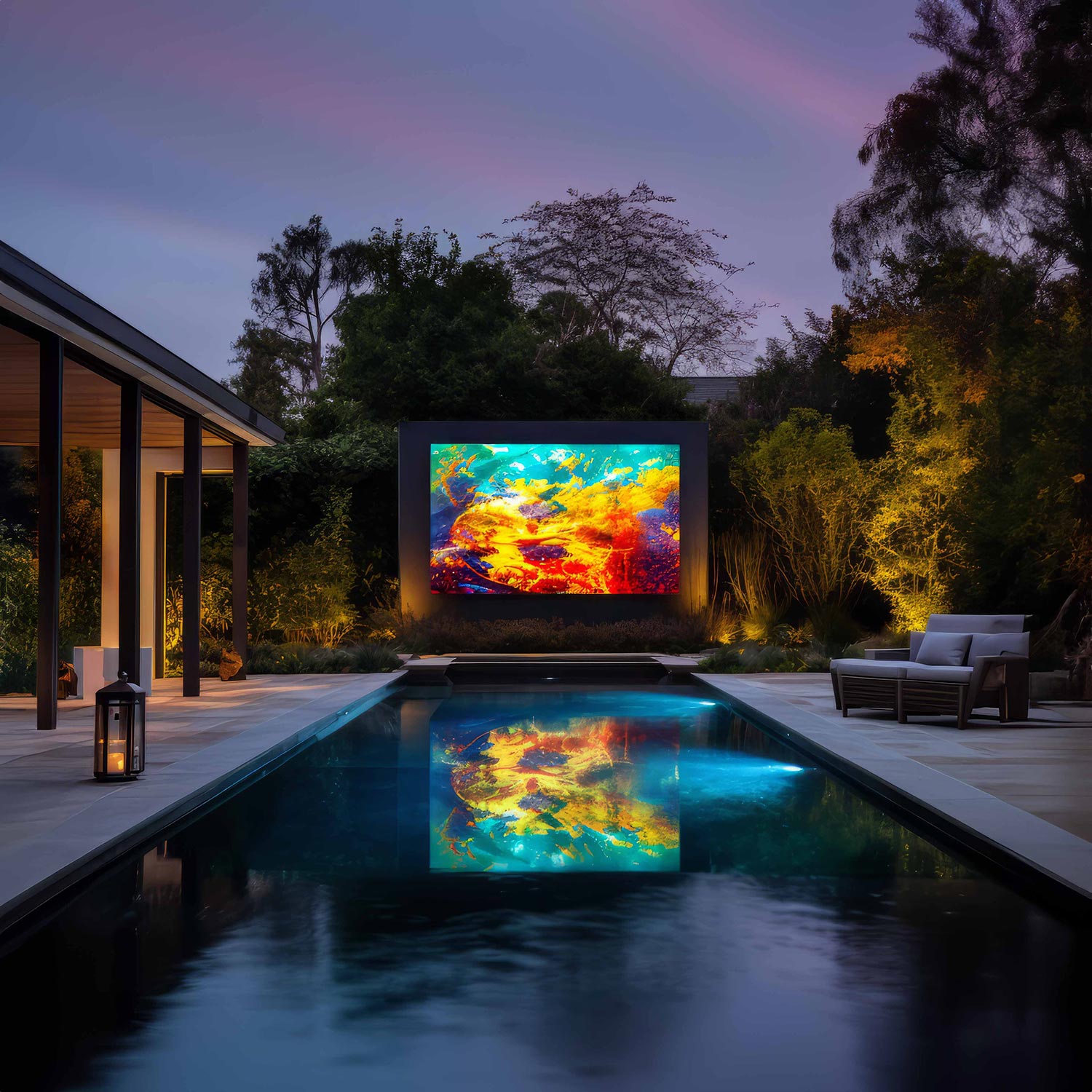Swimming pool reflecting a large screen displaying abstract art in a backyard at dusk