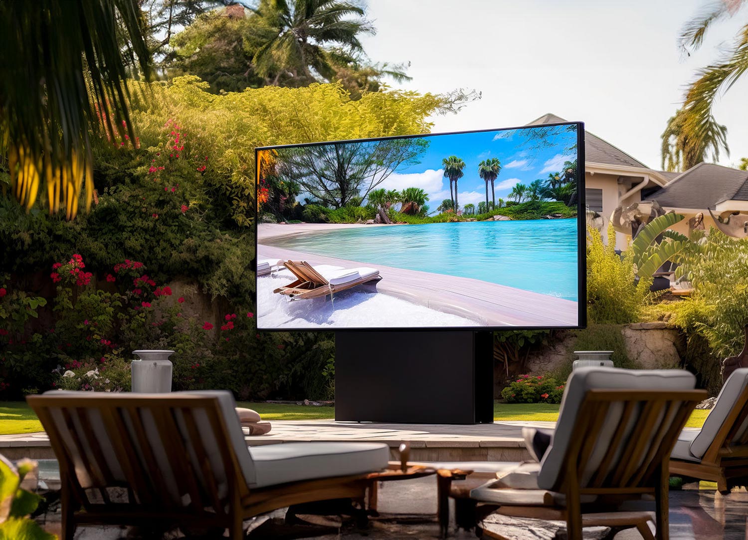 Outdoor seating area facing a large freestanding screen in a tropical garden