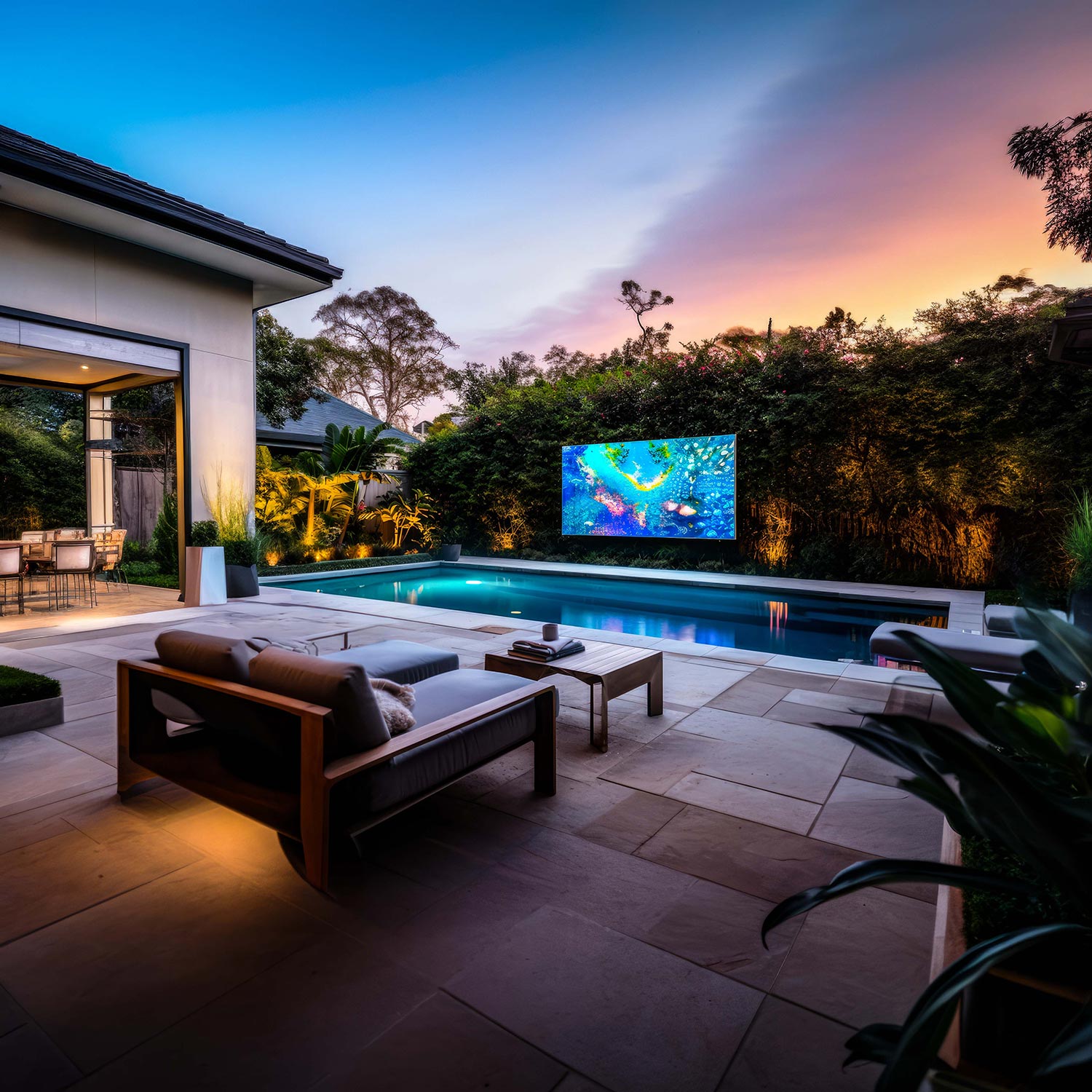 Backyard patio with outdoor seating and a large screen by a swimming pool at sunset