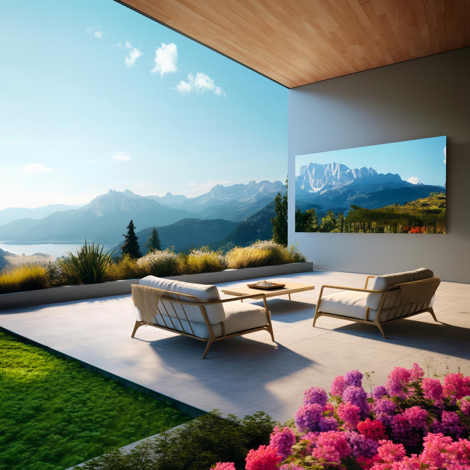 Modern patio with white chairs and a wall-mounted screen overlooking mountains