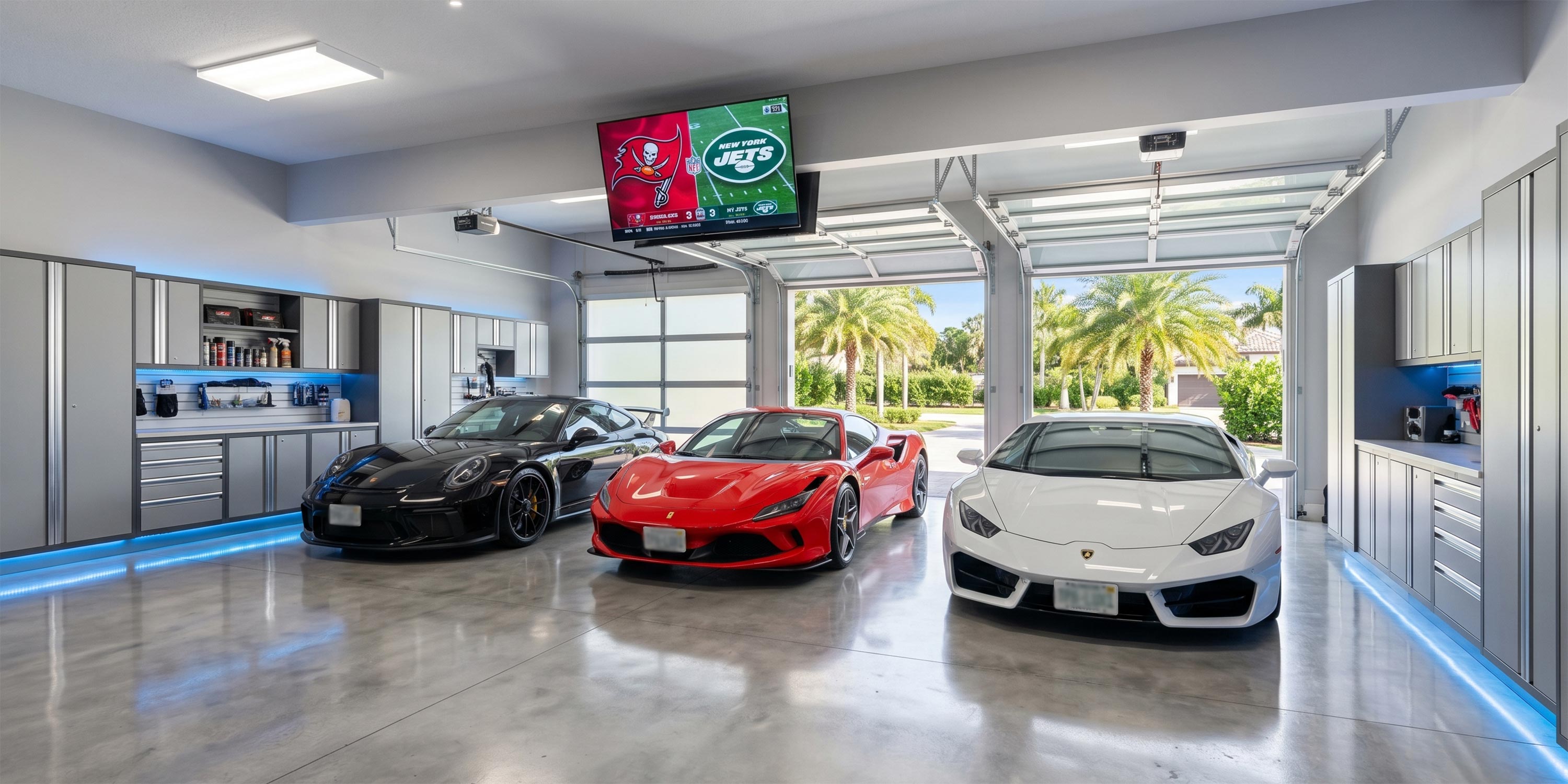 Three sports cars parked inside a modern garage with gray cabinets and a TV