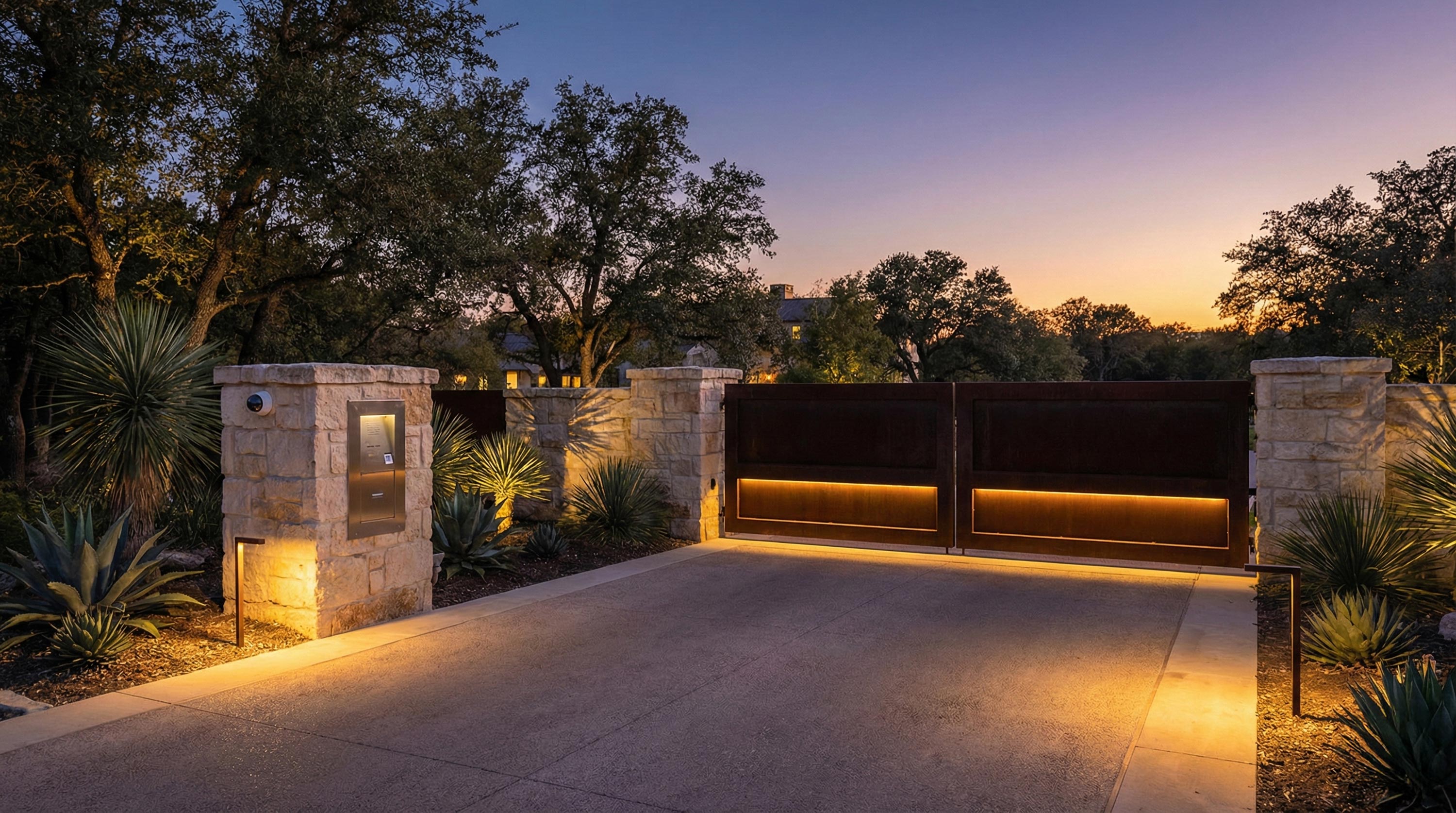 Illuminated driveway gate with stone pillars and landscaping at dusk