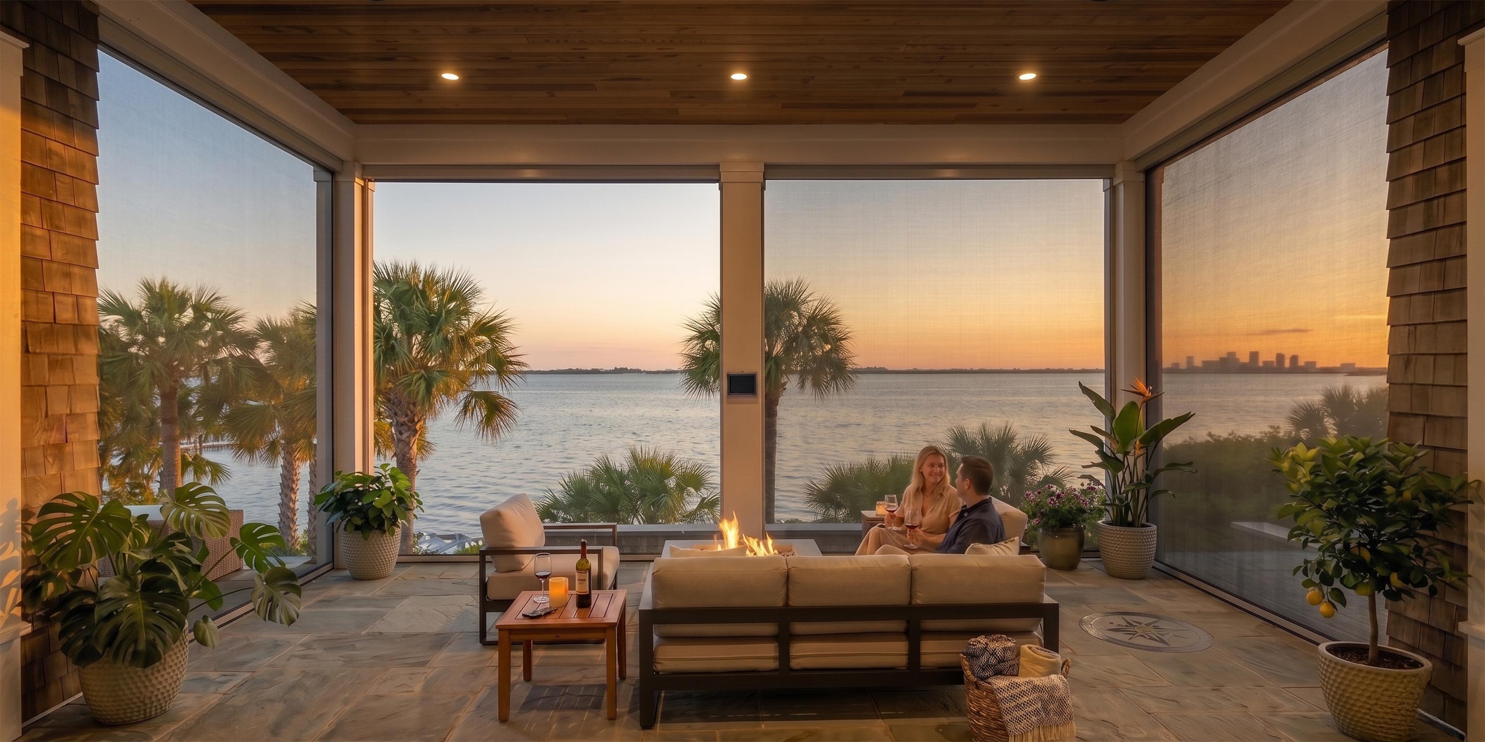 Couple relaxing by a fire pit on a screened patio overlooking water at sunset