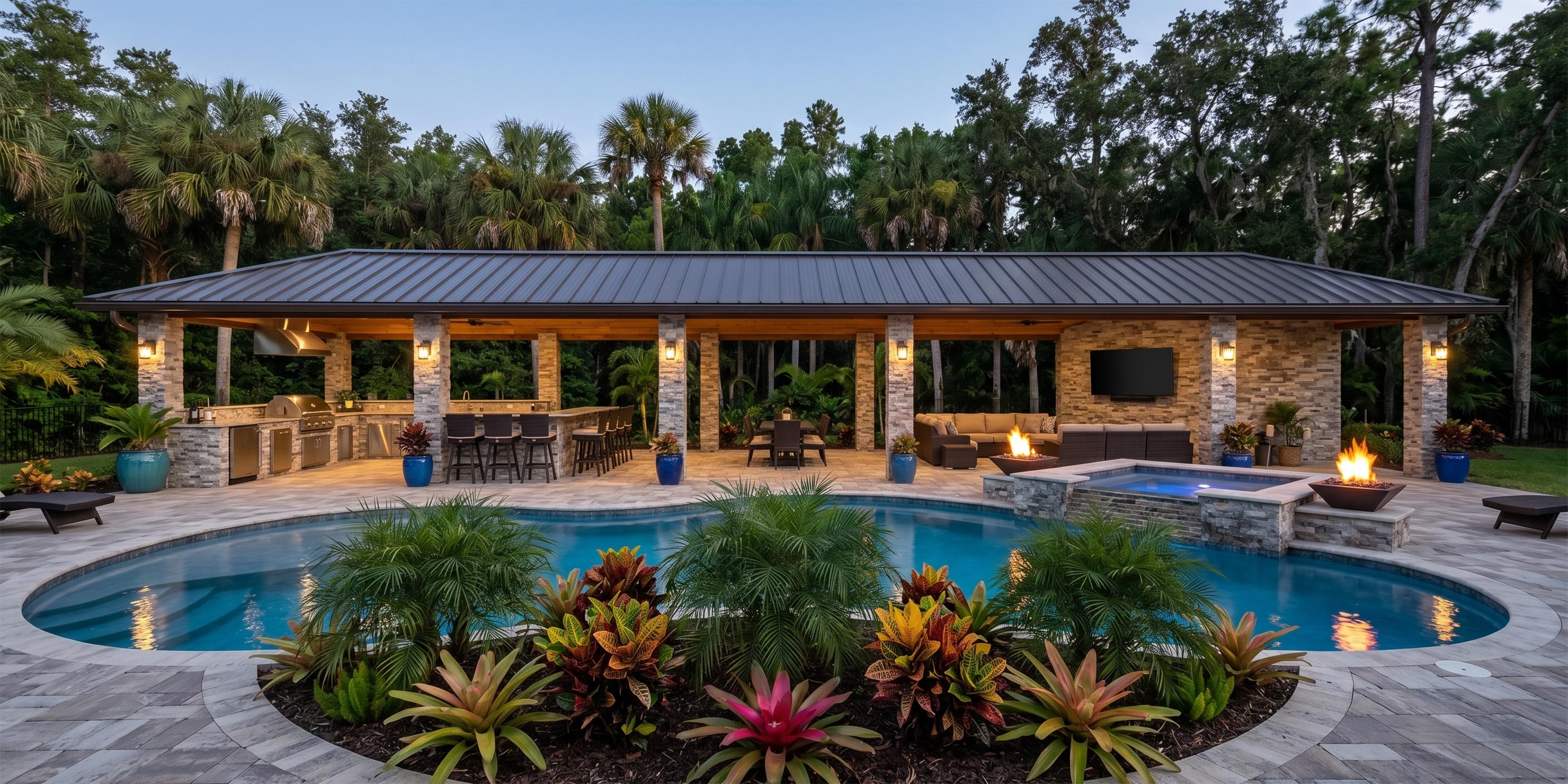 Outdoor swimming pool with a covered patio, outdoor kitchen, and fire pits
