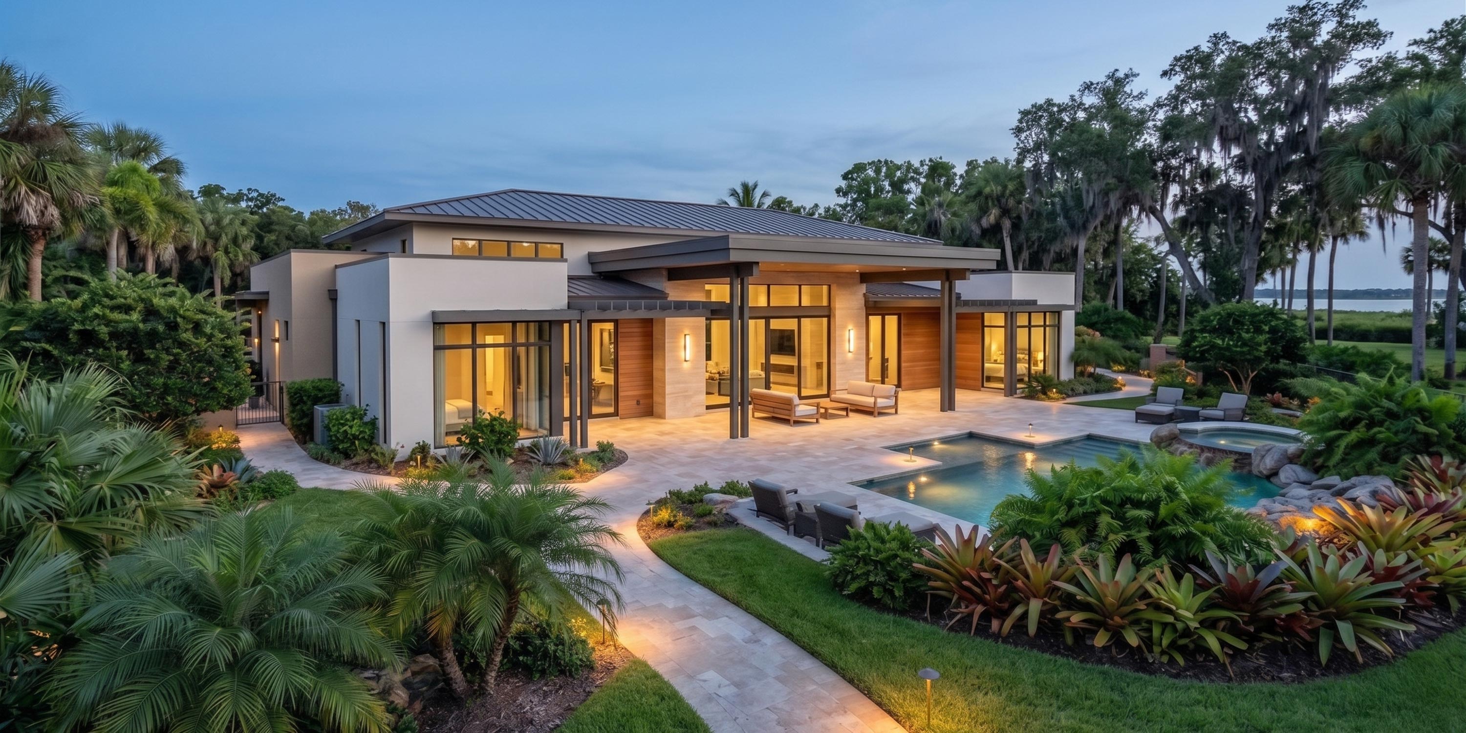 Exterior of a modern home at dusk featuring a glowing pool and landscape lighting