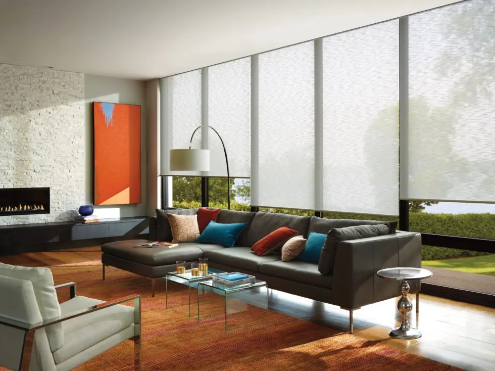 Motorized window shades in living room