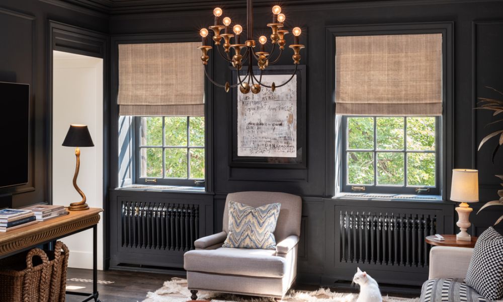 Dark paneled family room with woven roman shades, a brass chandelier, a gray armchair, and a white cat on a layered rug.